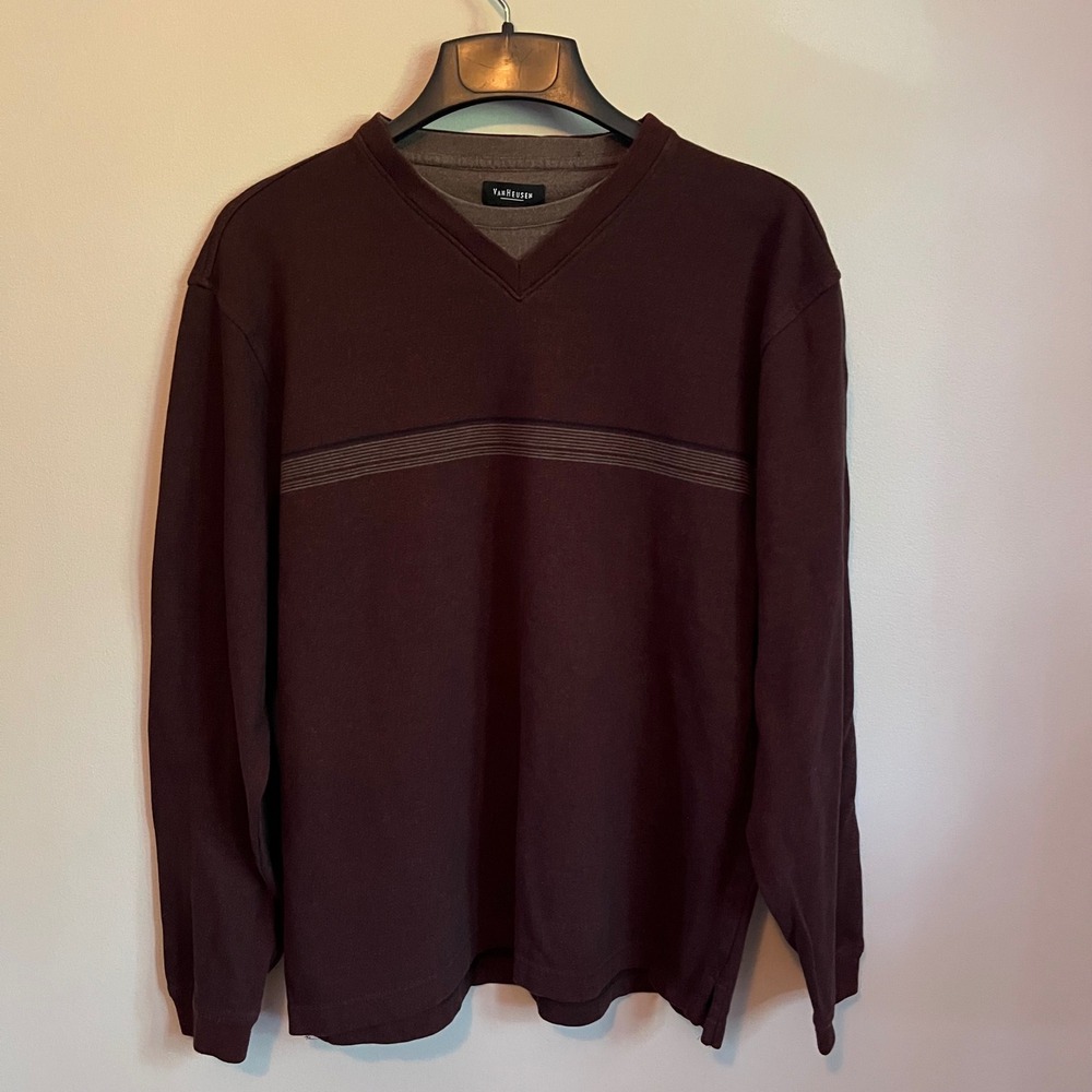Y2K Skater Men Large Burgundy V-Neck Long Sleeve Pullover Striped Chest Grunge